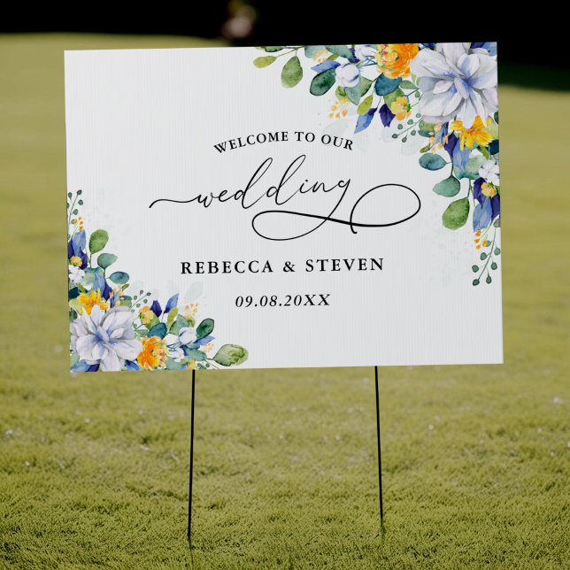 Elegant floral yellow white blue wedding welcome  sign (Creator Uploaded)