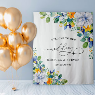 Elegant floral yellow white blue welcome tapestry