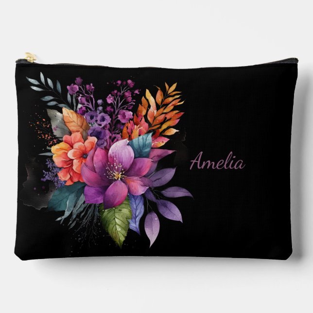 Elegant Florals & Name on Black Accessory Pouch (Front)