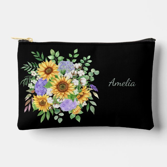 Elegant Florals on Black Accessory Pouch (Front)