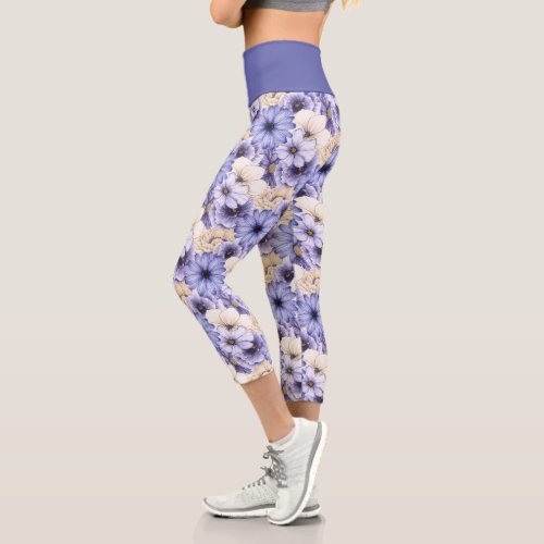 Elegant Florals Pattern Purple Lilac Cream Capri Leggings