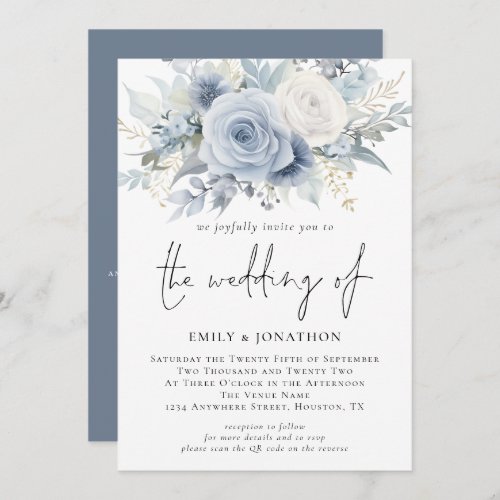 Elegant Florals QR Code Dusty Blue Wedding Invitation