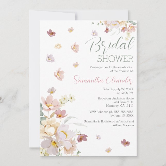 Elegant Florals Wildflowers Pink Bridal Shower  Invitation (Front)