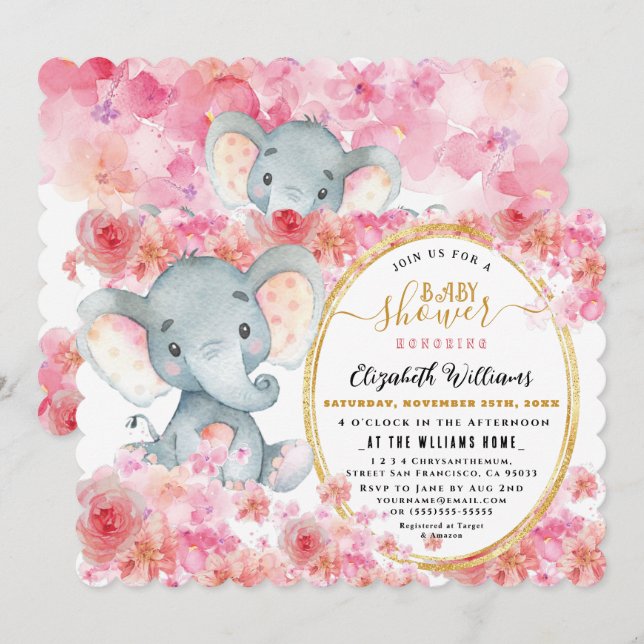 Elegant FloralWatercolor Cute Elephant Baby shower Invitation (Front/Back)