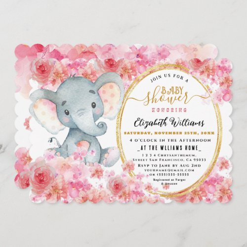 Elegant FloralWatercolor Cute Elephant Baby shower Invitation