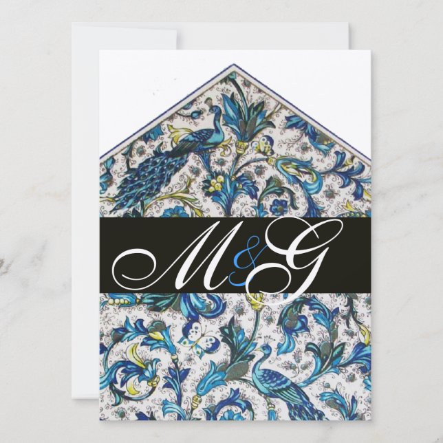 ELEGANT FLORENTINE BLUE GOLD FLORAL MONOGRAM INVITATION (Front)