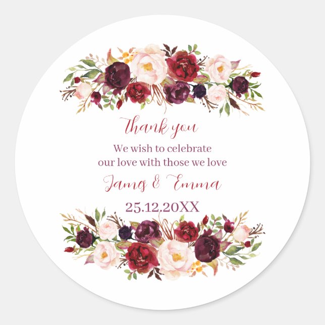 Elegant Florral Custom Wedding Classic Round Sticker (Front)
