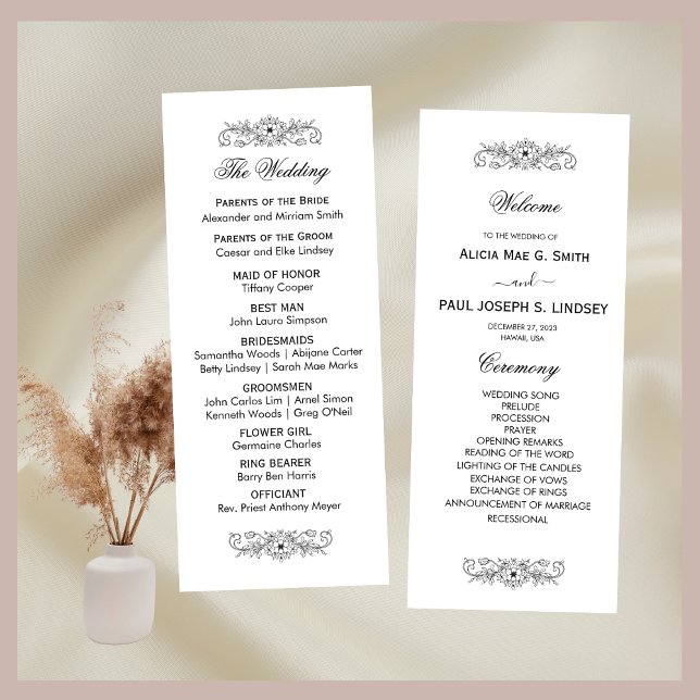 Elegant Flourish Black and White Wedding Program (Creator Uploaded)