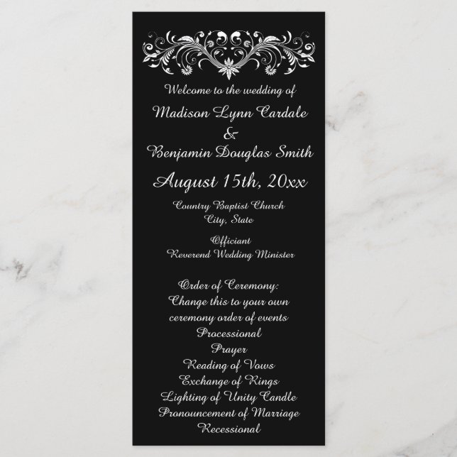 Elegant Flourish Black and White Wedding Programs (Front)