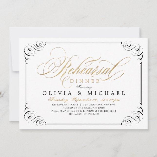 Elegant flourish calligraphy rehearsal dinner invitation (Front)