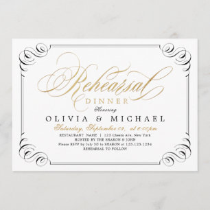 Elegant flourish calligraphy rehearsal dinner invitation