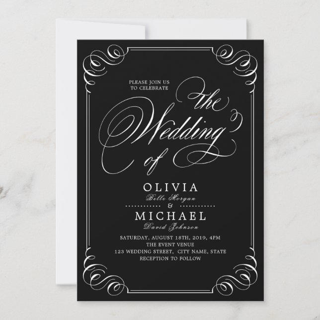 Elegant flourish calligraphy vintage wedding invitation (Front)