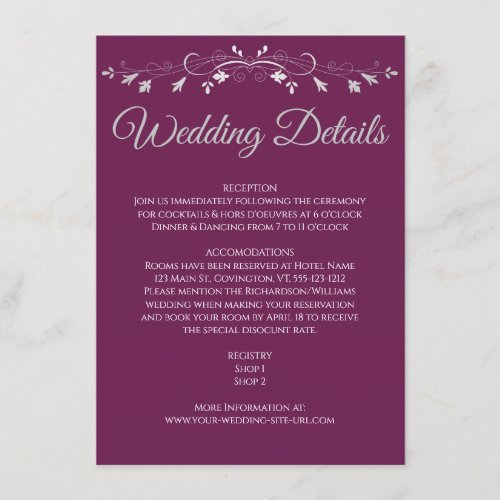 Elegant Flourish Cassis  Gray Wedding Details Enclosure Card