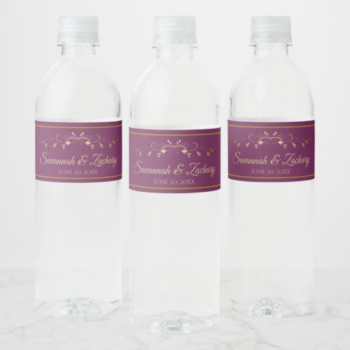 Elegant Flourish Cassis Purple  Gold Wedding Water Bottle Label