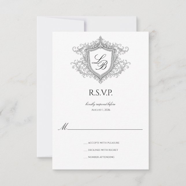 Elegant Flourish Crest Monogram RSVP Card (Front)
