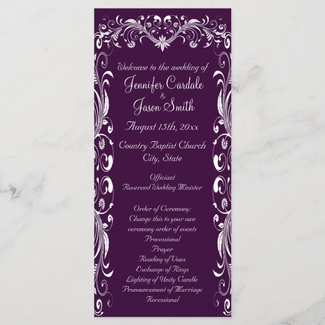 Elegant Flourish Deep Purple Wedding Programs (Front)