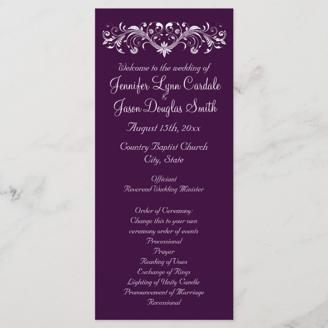 Elegant Flourish Deep Purple Wedding Programs (Front)