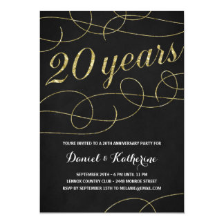 Elegant Flourish | Faux Gold Foil 20th Anniversary Invitation