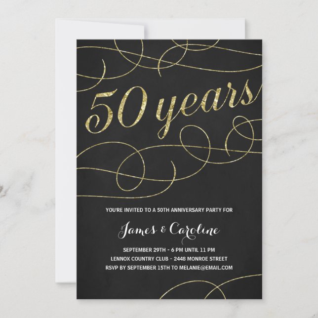 Elegant Flourish | Faux Gold Foil 50th Anniversary Invitation (Front)