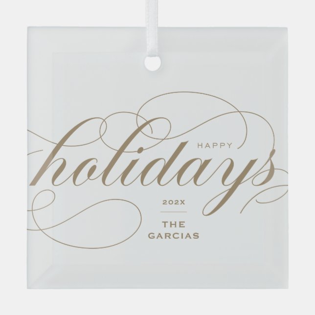 Elegant Flourish Formal Script Happy Holidays Glass Ornament (Front)