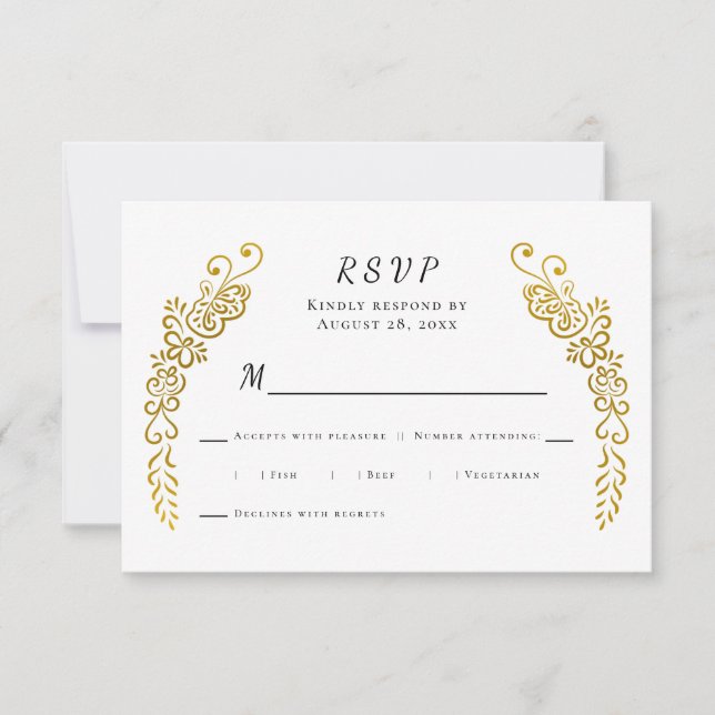 Elegant Flourish Gold Black & White Unique Wedding RSVP Card (Front)