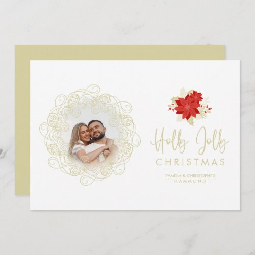 Elegant Flourish Gold Holly Jolly Photo Christmas Holiday Card