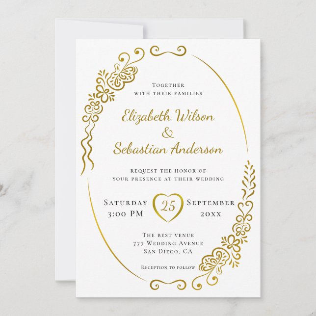 Elegant Flourish Gold White and Black Wedding Invitation (Front)