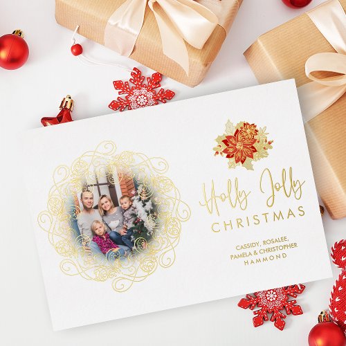 Elegant Flourish Golden Ornament Photo Christmas  Foil Holiday Card