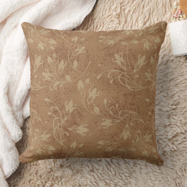 Elegant Flourish Leaves Brown Grunge Throw Pillow (Blanket)