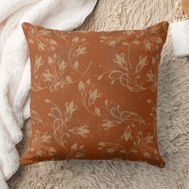 Elegant Flourish Leaves Burnt Orange Grunge Throw Pillow (Blanket)