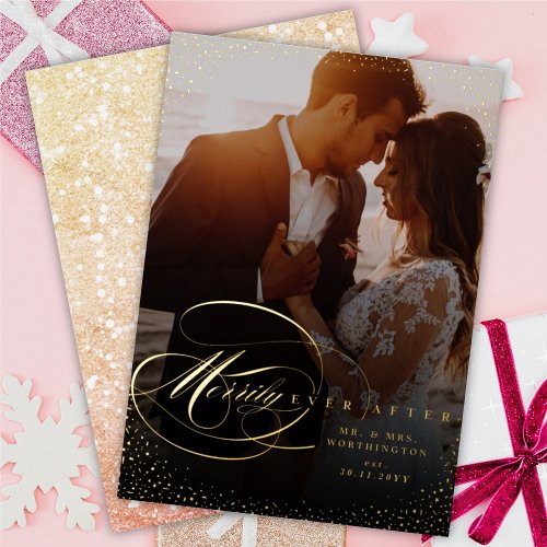 Elegant Flourish Merrily Ever After Wedding Photo Foil Holiday Card