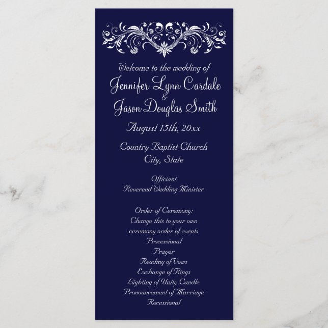 Elegant Flourish Navy Blue Wedding Programs (Front)
