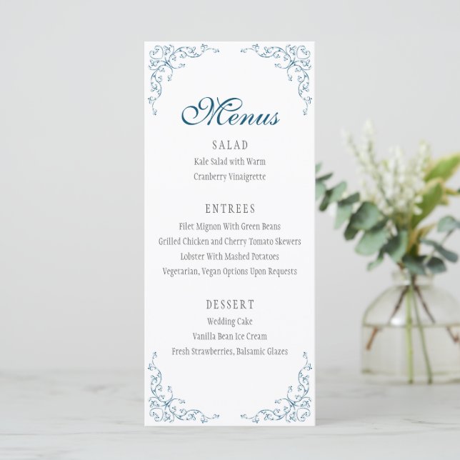 Elegant Flourish Ocean Blue Wedding Menu (Standing Front)