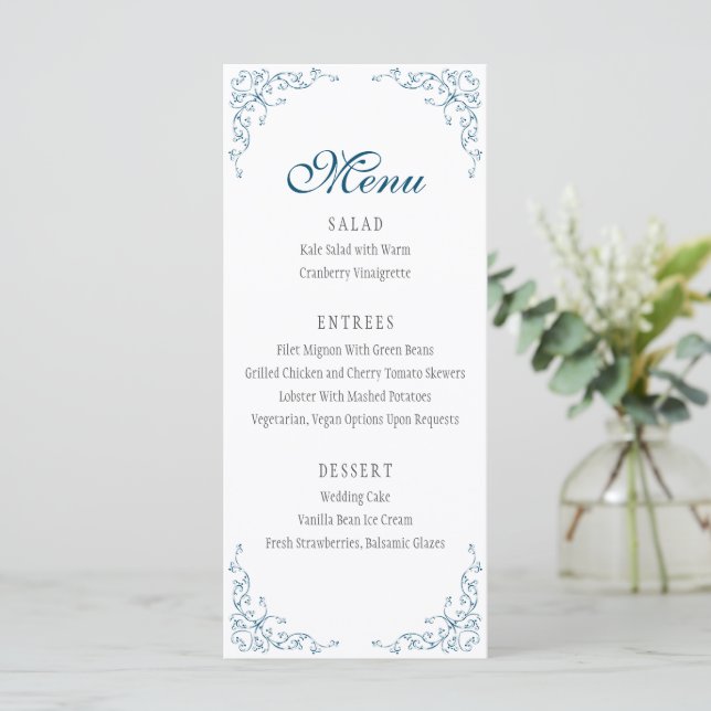 Elegant Flourish Ocean Blue Wedding Menu (Standing Front)