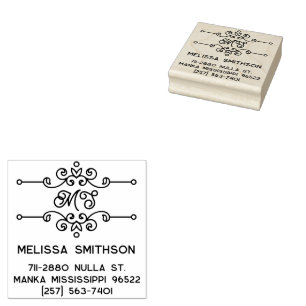 Elegant Flourish Personalized Monogram Address Rubber Stamp