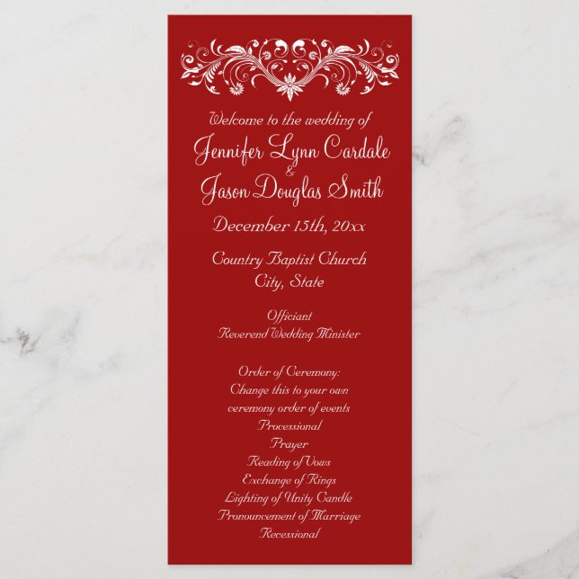 Elegant Flourish Red Wedding Programs (Front)