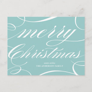 Elegant Flourish Script Aqua Blue Merry Christmas Holiday Postcard