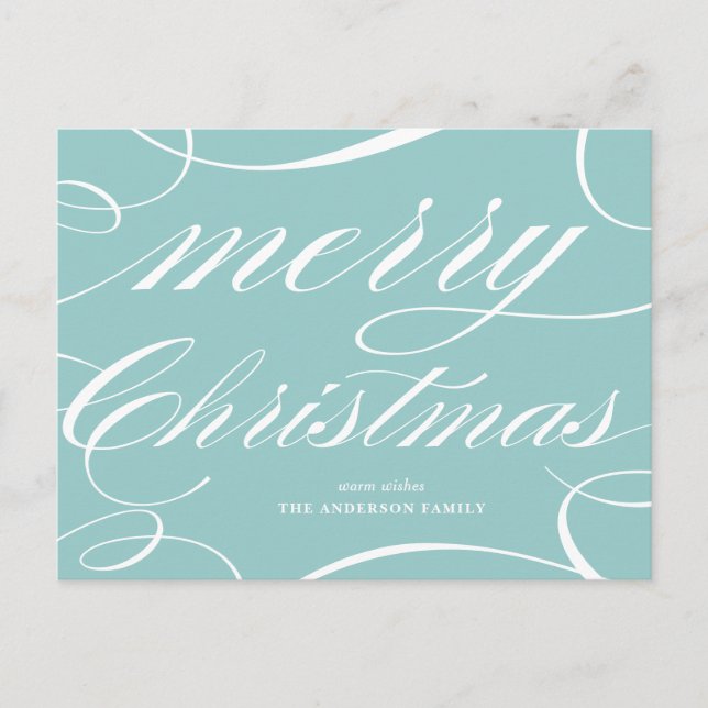 Elegant Flourish Script Aqua Blue Merry Christmas Holiday Postcard (Front)