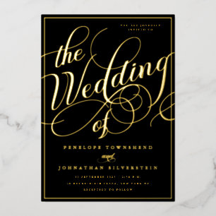 Elegant Flourish Script Black Wedding Foil Invitation