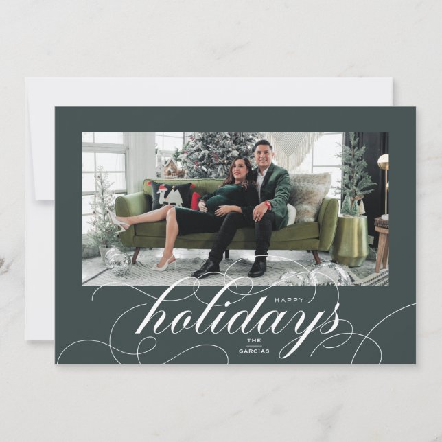 Elegant Flourish Script DkGreen Holiday Photo Card (Front)