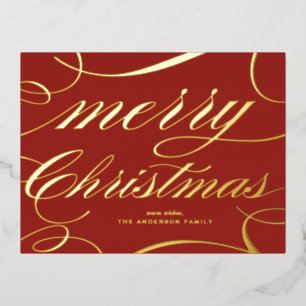 Elegant Flourish Script Red Merry Christmas Foil Holiday Postcard