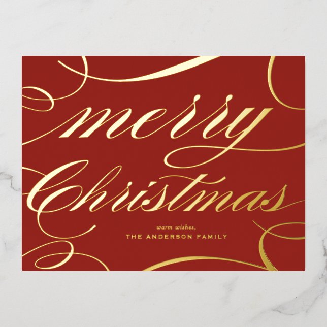 Elegant Flourish Script Red Merry Christmas Foil Holiday Postcard (Front)
