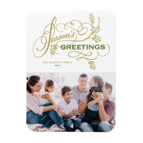 Elegant Flourish Seasons Greetings Family Photo Magnet