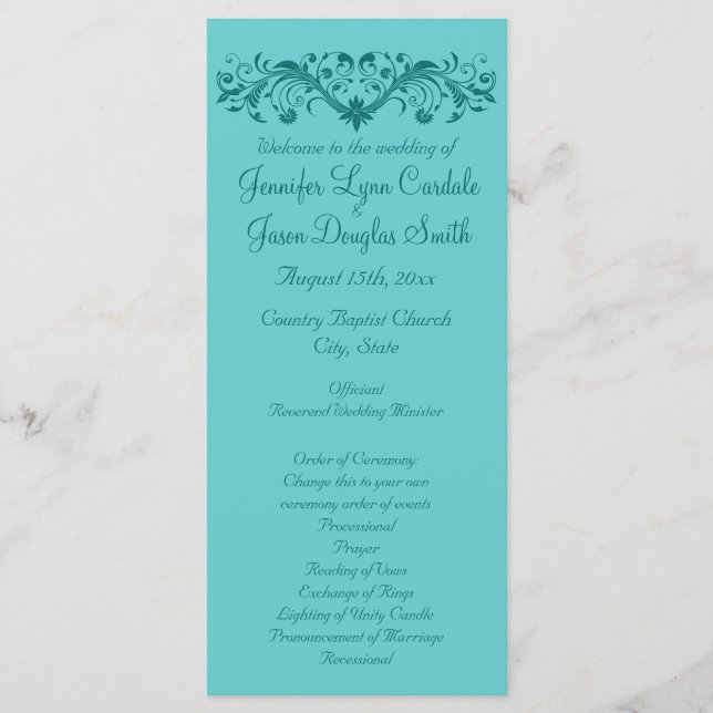 Elegant Flourish Teal Blue Wedding Programs (Front)