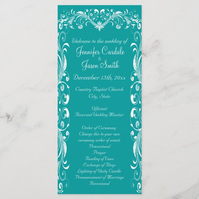 Elegant Flourish Teal Blue Wedding Programs (Front)