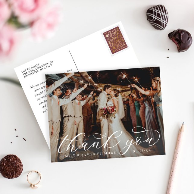 Elegant Flourish Thank You Wedding Photo Postcard (Creator Uploaded)