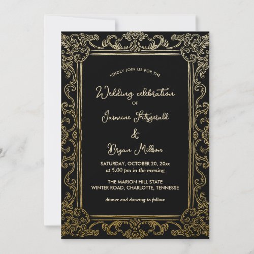 Elegant Flourish Vintage Frame  Wedding Black Invitation