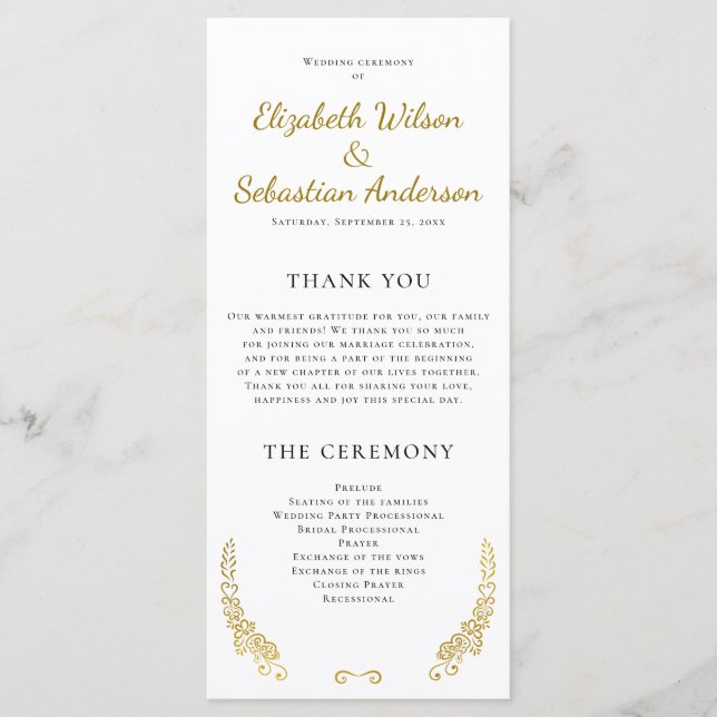 Elegant Flourish White Wedding Program (Front)