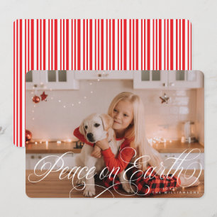 Elegant, flourished Peace on Earth script photo Holiday Card