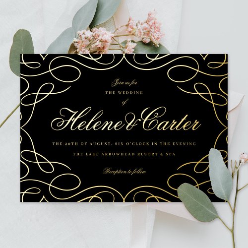 Elegant Flourishes Calligraphy Black Wedding Gold  Foil Invitation